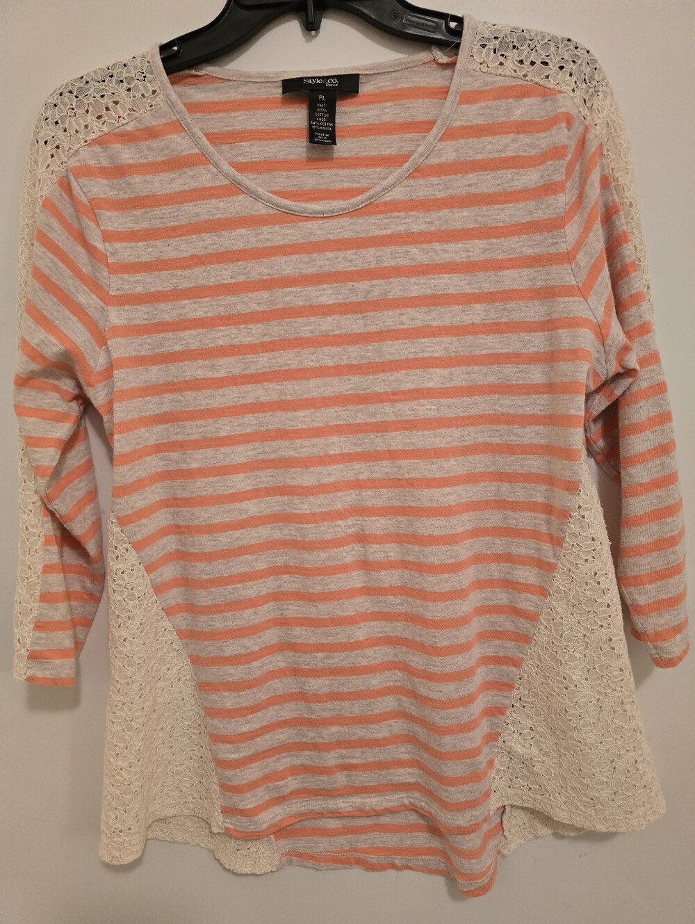 Style & Co. Coral and Light Gray Striped Long-Sleeve Tee with Cream Lace Panels